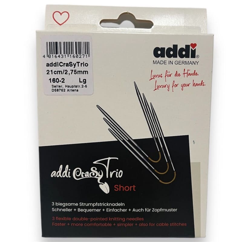 Addi CraSy Trio kurze Stricknadeln Verpackung für Sockenstricken 21 cm 3er Set