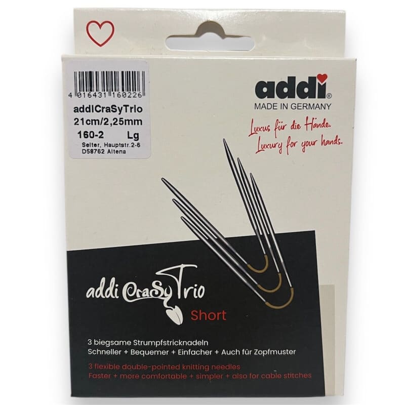 Addi CraSyTrio 21 cm kurze Stricknadeln in der Verpackung für Sockenstricken