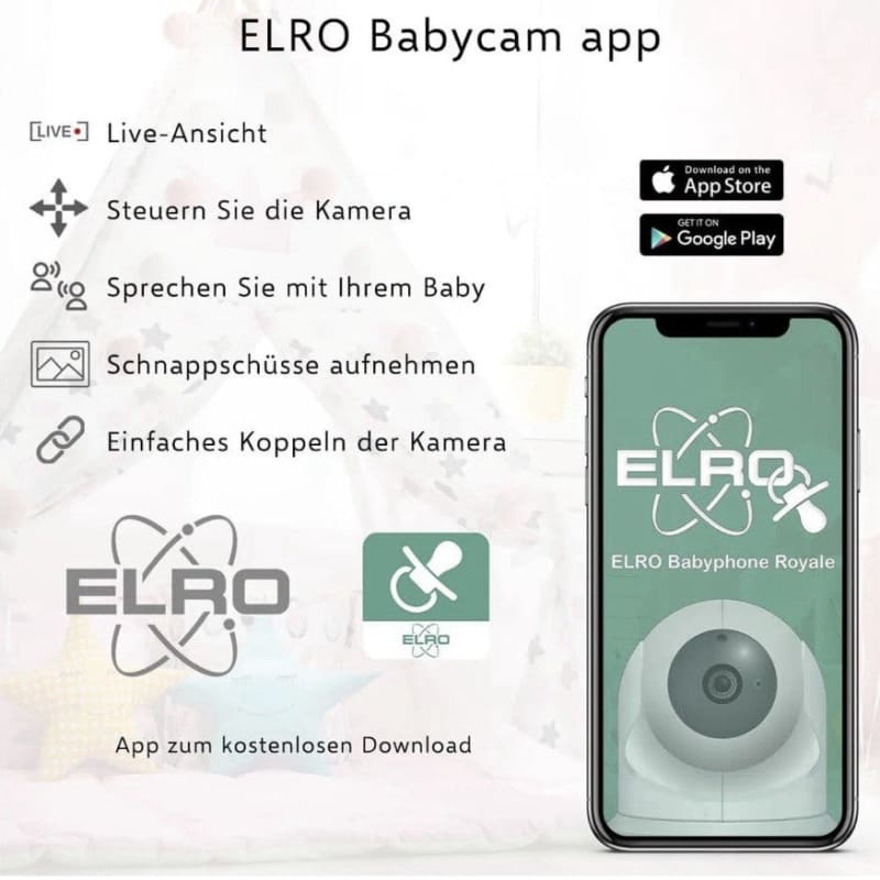 ELRO Babycam App Werbung auf der Babykamera mit großer Reichweite für Android und iPhone