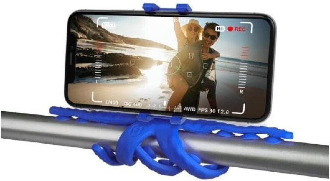 Flexibler blauer Handyhalter mit Saugnapf-Array, hält Smartphone quer perfekt