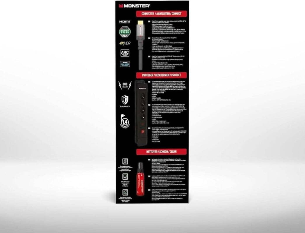 Monster HDMI-Bundle 4K Verpackung mit Überspannungsschutz und ScreenClean