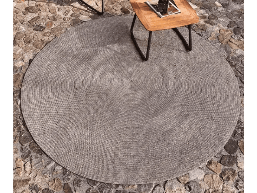 Runder grauer, geflochtener Weishäupl Outdoor-Teppich mit stilvollem Design