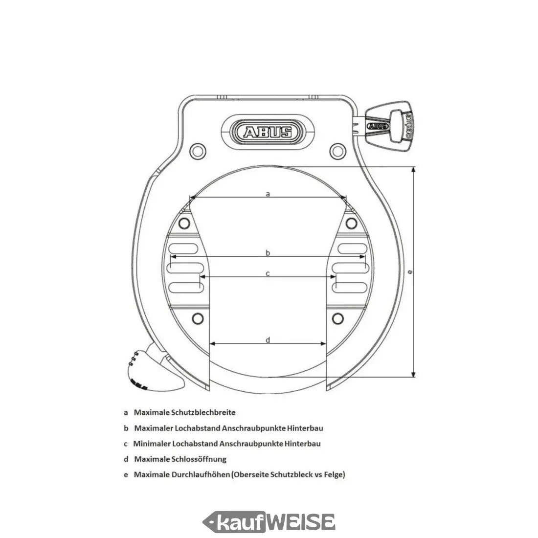 Linienzeichnung des Fahrradrahmenschloss mit Schlüsselmaßen für ABUS 6950M Schwarz