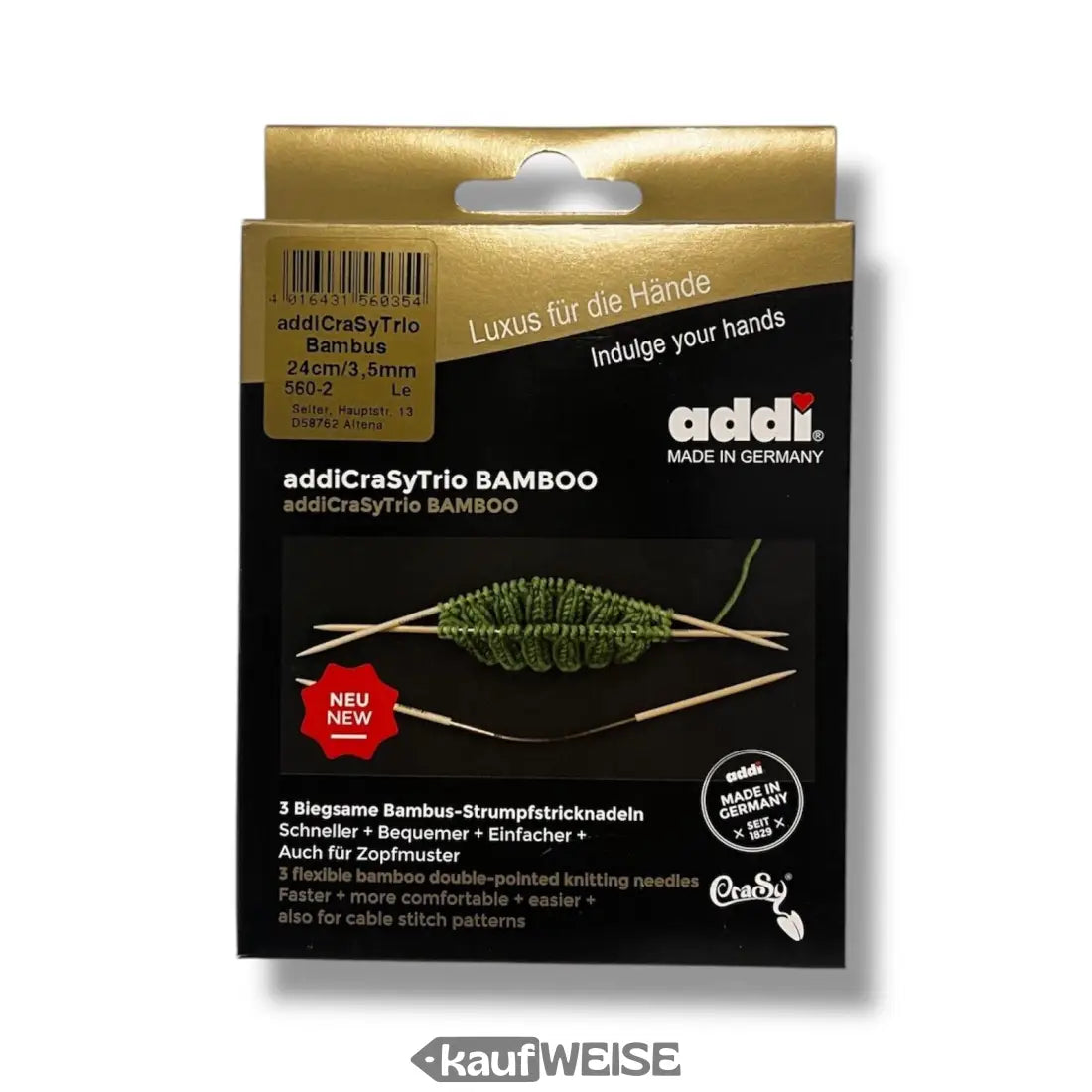 Addi CraSyTrio Bambus Stricknadeln 24cm in stylischer Verpackung für Sockenstricken