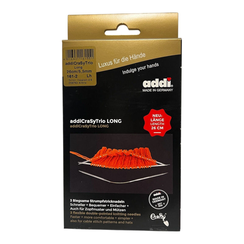 Addi CraSy Trio Set in Verpackung für flexible Sockenstricknadeln