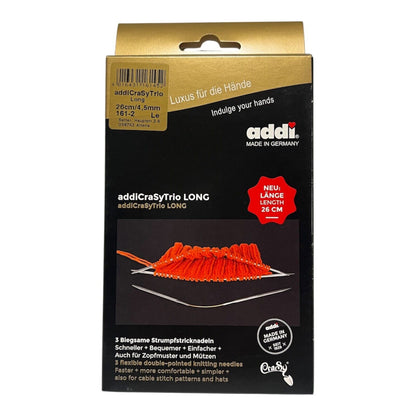 Verpackung des Addi CraSy Trio langen 3er Sets für flexible Sockenstricknadeln