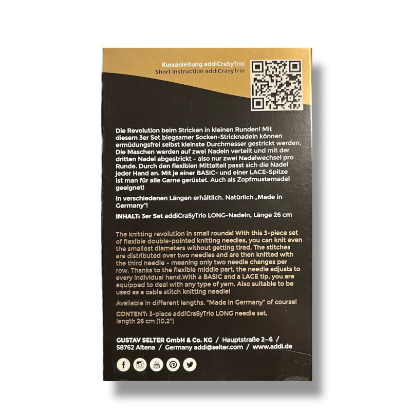 Verpackung für Addi CraSy Trio lange 3er Set 26cm Socken Stricknadeln
