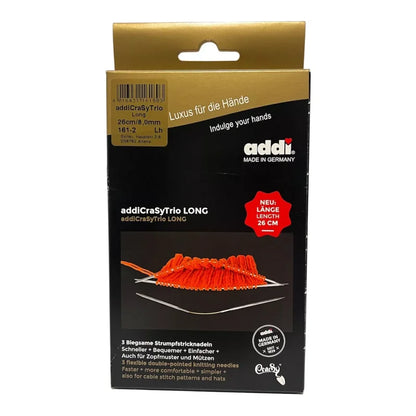 Addi CrasyTrio Long Stricknadelset in Verpackung für biegsame Sockenstrickarbeiten