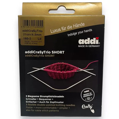 Verpackung der Addi CraSy Trio kurze Stricknadeln für gemütliches Sockenstricken