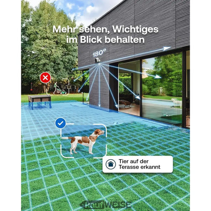 Arlo Ultra 2 4K Sicherheitskamera mit 180-Grad-Panorama und Hund-Design