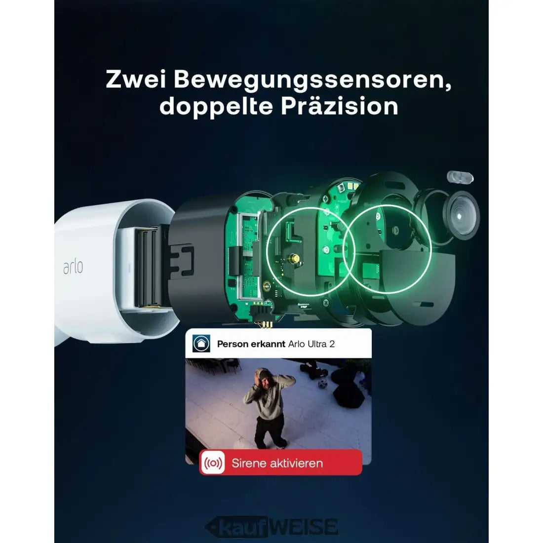 Weiße Arlo Ultra 2 4K Kamera mit grüner Platine und Dual-Sensoren