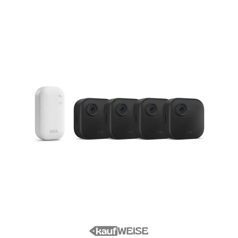 Weiße rechteckige Blink Outdoor Hub mit vier dunkelgrauen Sicherheitskameras