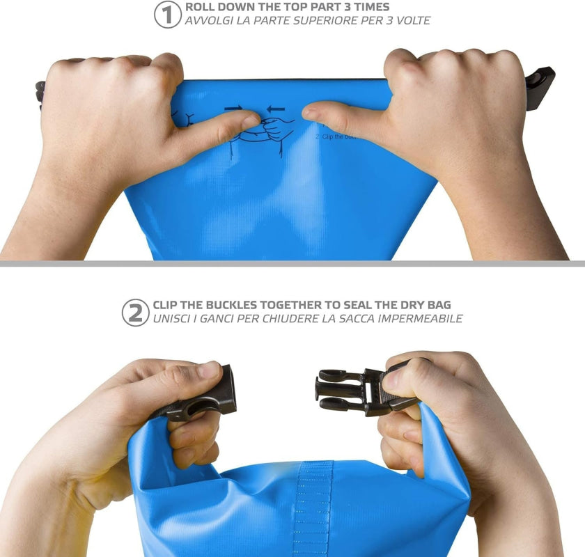 Anleitung zum Verschließen der blauen Celly Explorer Dry Bag 2L outdoor Tasche