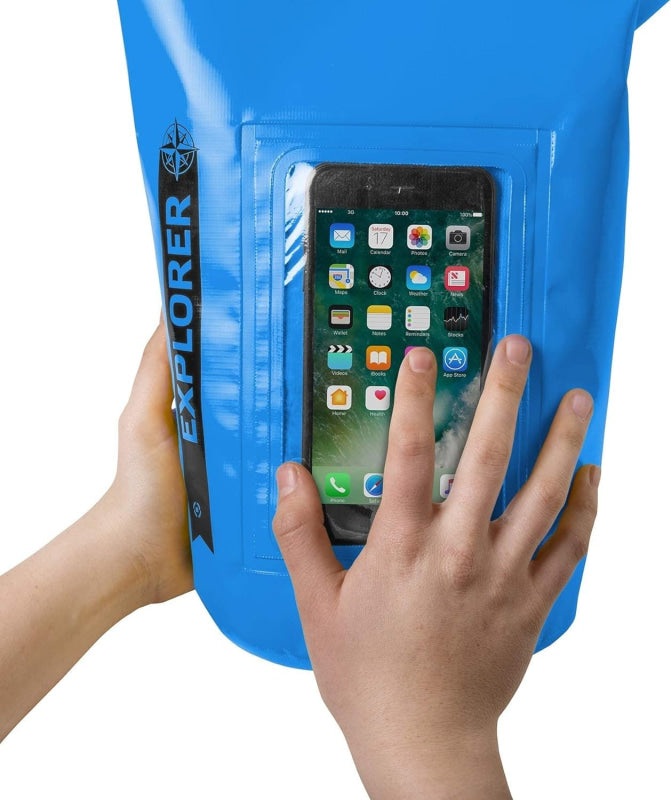 Blaue wasserdichte Celly Explorer Dry Bag 2L mit klarem Handyfach für Outdoor-Abenteuer
