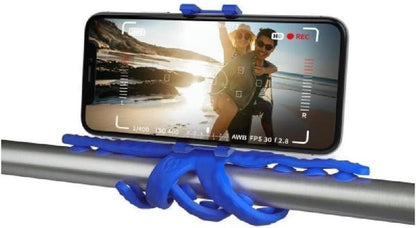 Flexibler blauer Handyhalter mit Saugnapf-Array, hält Smartphone quer perfekt