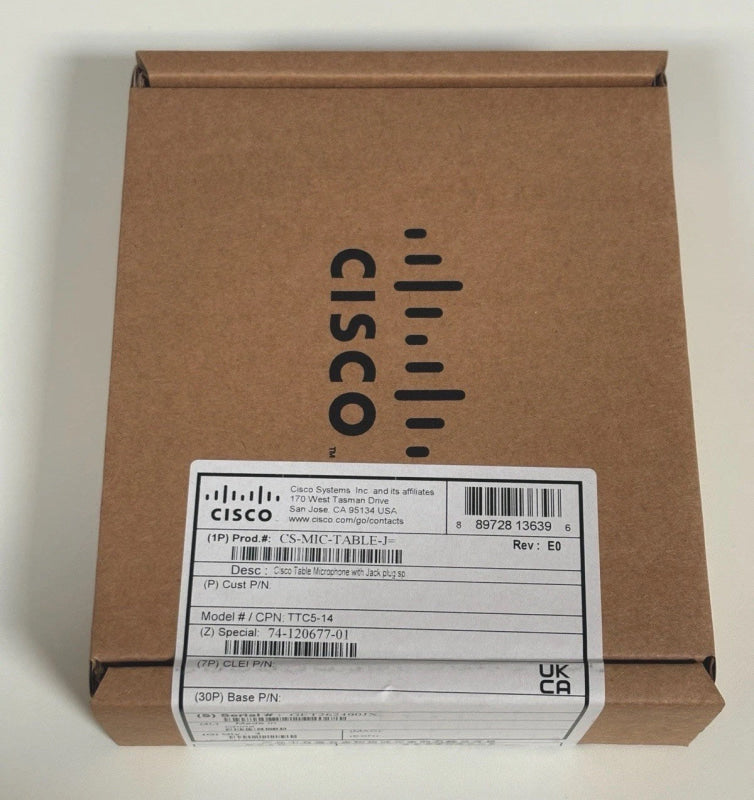 Braune Pappschachtel mit Cisco Systems Produktlabel für Webex Room 55 Mikrofon