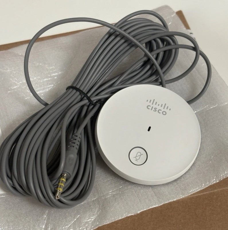 Weißes Cisco Tischmikrofon mit Mute-Taste, langem Kabel und 3.5mm Stecker