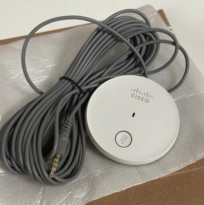 Weißes Cisco Tischmikrofon mit Mute-Taste, langem Kabel und 3.5mm Stecker