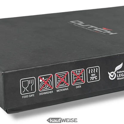 Schwarzes rechteckiges Outok-Box mit Lebensmittelsicherheitssymbolen für DUTCH 3-in-1 Teak Schneidebrett