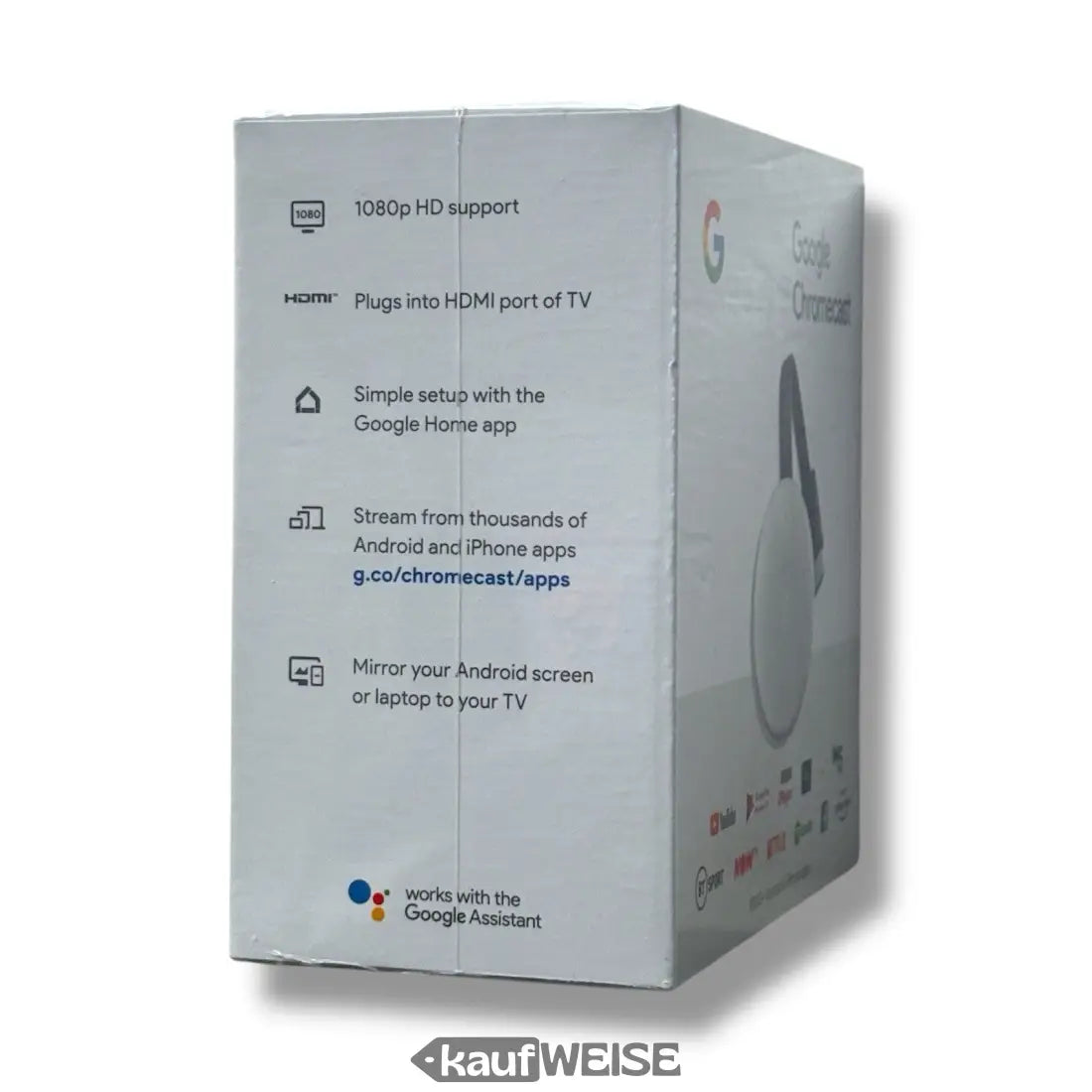 Weiße Google Chromecast 3. Generation Verpackung mit Produkt-Features, Full HD Streaming