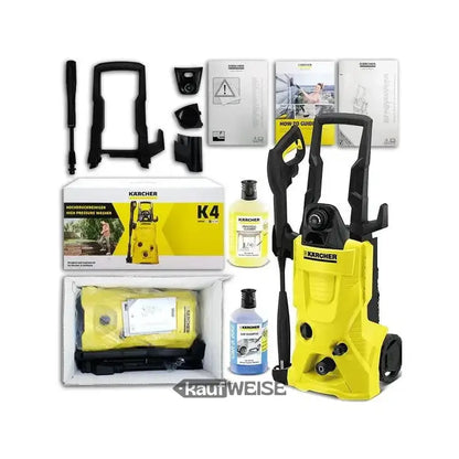Gelber Kärcher K4 Hochdruckreiniger mit Zubehör, 130 bar wassergekühlt