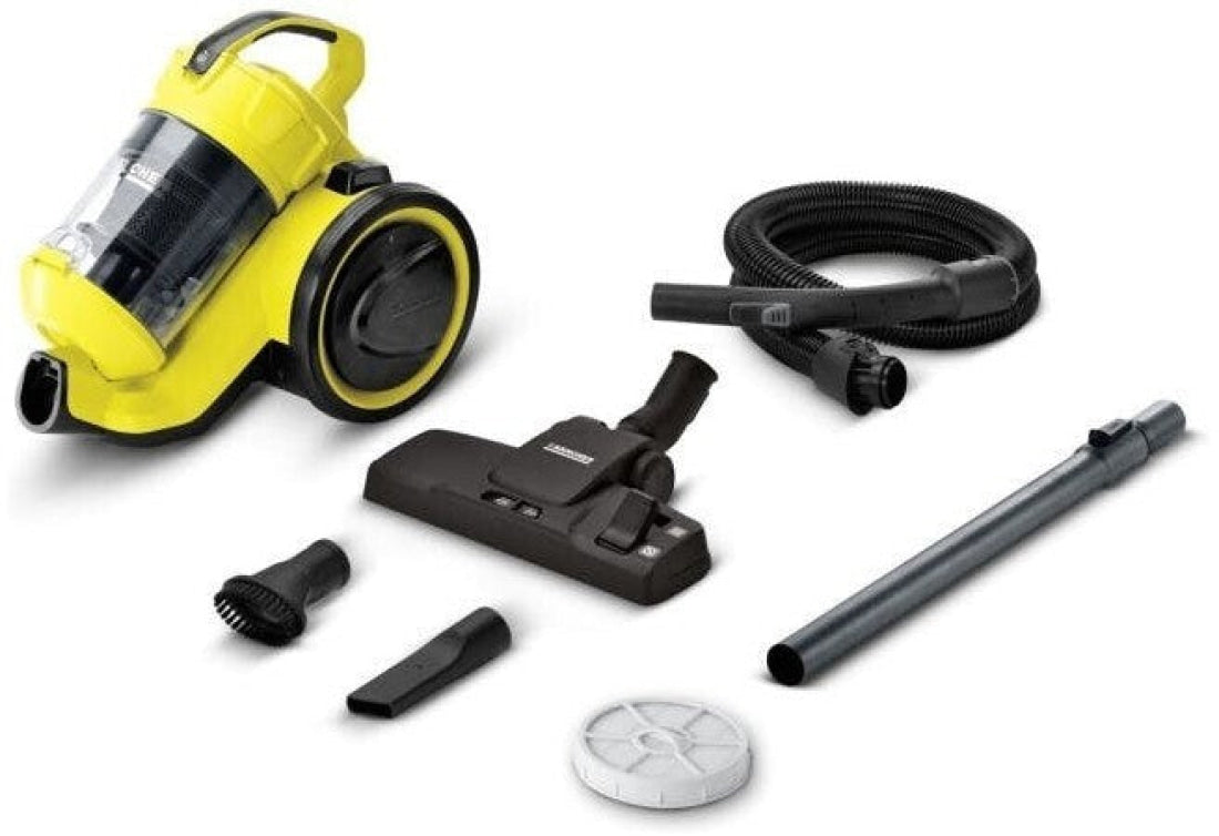 Gelber und schwarzer Kärcher VC 3 beutelloser Staubsauger mit HEPA-Filter und Aufsätzen