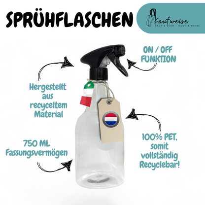 Klare Sprühflasche 750 ml im 3er Set mit kostenloser Versand und Etiketten
