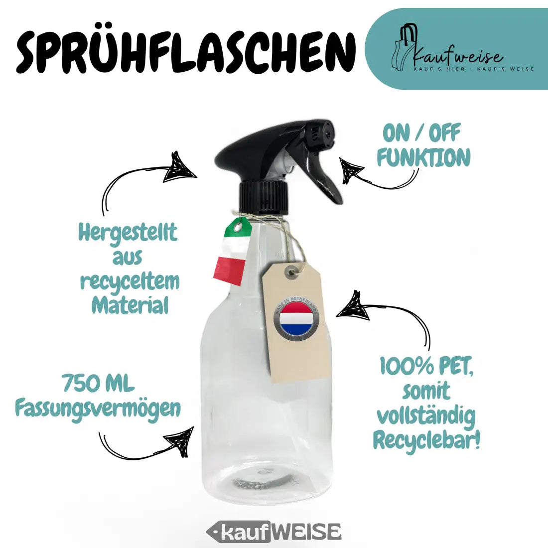 Klare Sprühflasche 750 ml im 3er Set mit kostenloser Versand und Etiketten