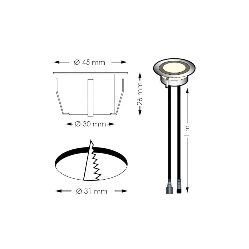Recessed LED-Lichtstrahler mit Installationsmaßen für SOFIA Terrassenbeleuchtung Set