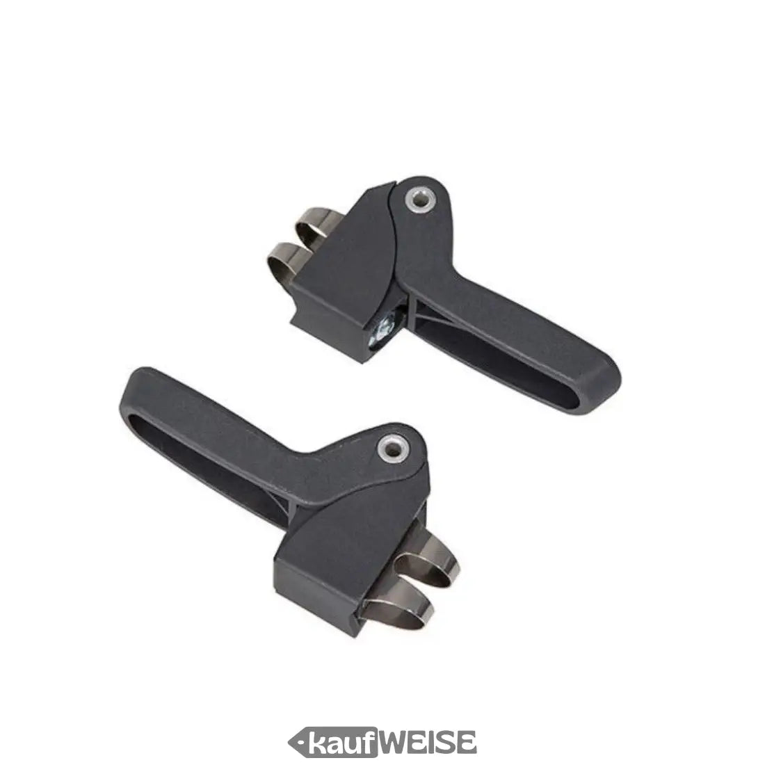 Zwei schwarze Schnellverschlussklemmen mit Metallhaken für Qibbel Junior 6+ Gepäckträger