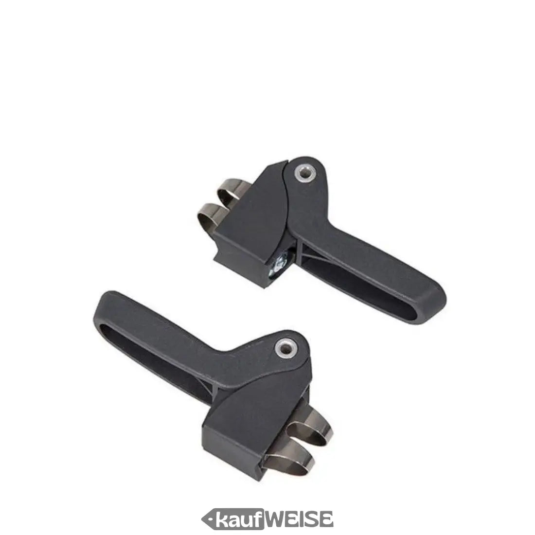 Zwei dunkelgraue Plastik-Klemmen mit Metallringen für Qibbel Junior 6+ Gepäckträger